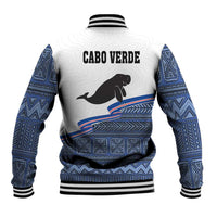 White Cape Verde manatee baseball jacket back print, blue geometric panels, ribbed collar and hem