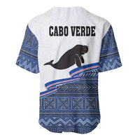 Men's white and blue baseball jersey with Cabo Verde back text and manatee graphic