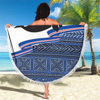 Round beach blanket featuring Cabo Verde text, black manatee, blue geometric band, fringe