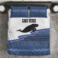 Cabo Verde manatee duvet bedding set with blue patterned panels and matching pillow shams