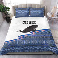 Cabo Verde manatee duvet cover with blue patterned hem and two blue zigzag shams