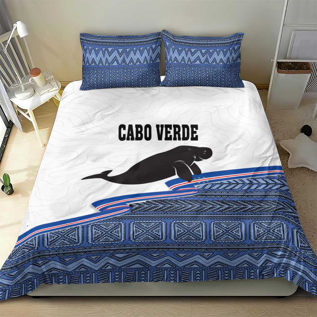 Cabo Verde manatee duvet bedding set with blue tribal pattern and flag stripe accents
