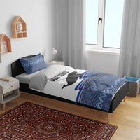 Cabo Verde manatee duvet cover set with blue geometric border and two matching shams