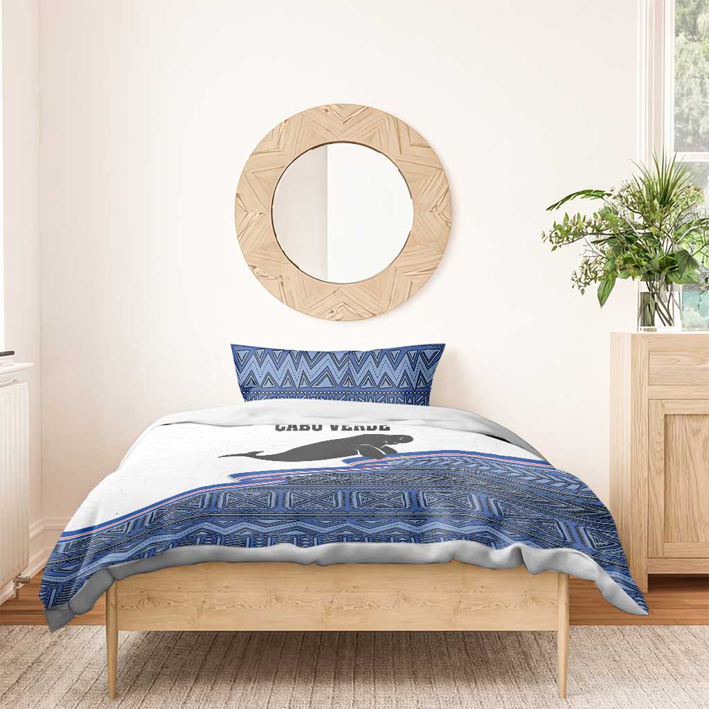 Cabo Verde manatee duvet cover with blue geometric trim and flag stripe accents