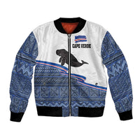 Unisex bomber jacket: white with blue geometric sleeves, zip front, manatee print