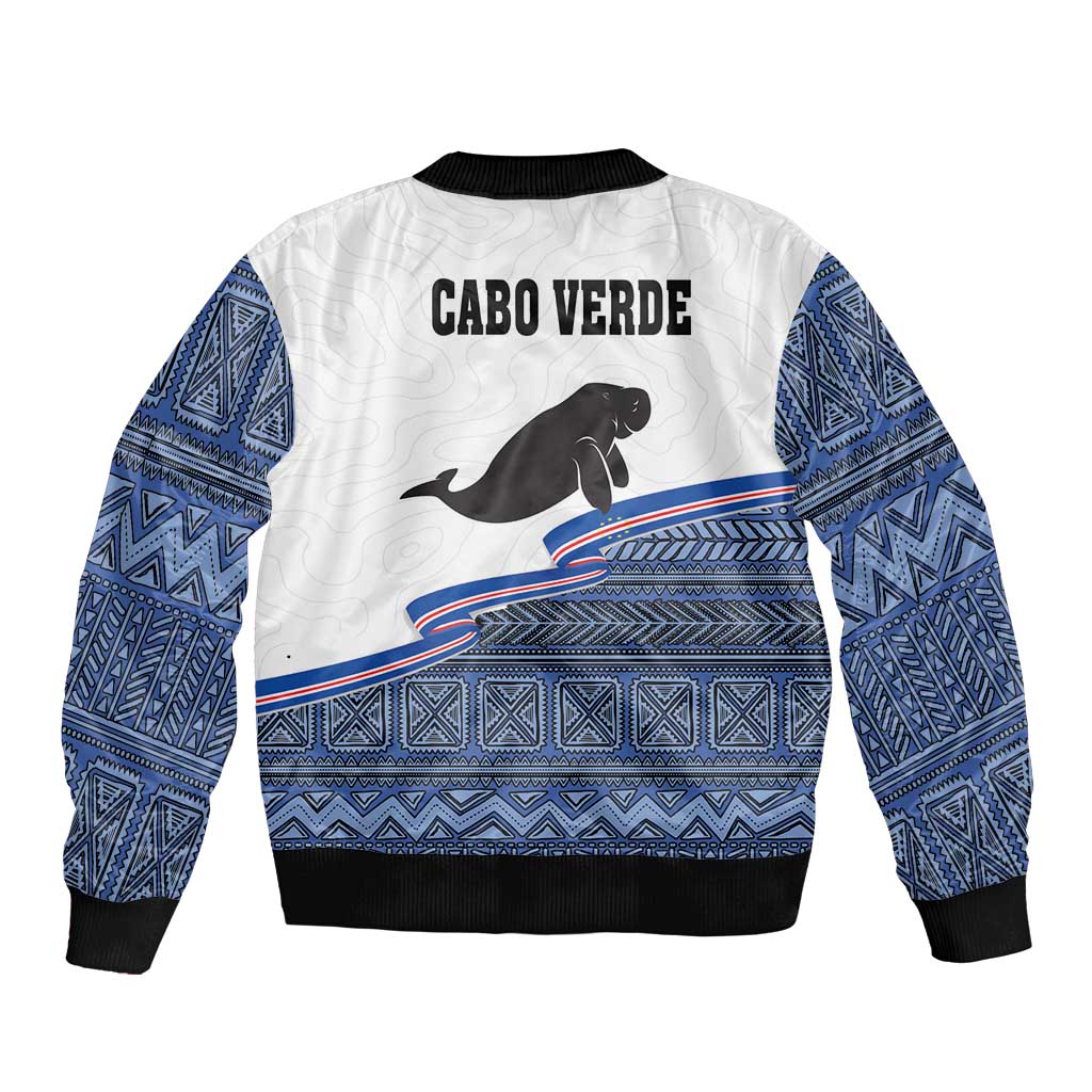 Unisex bomber jacket, white back with blue patterned bands, manatee graphic