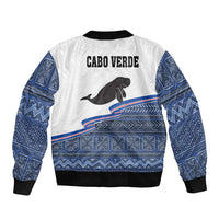Unisex bomber jacket, white back with blue patterned bands, manatee graphic
