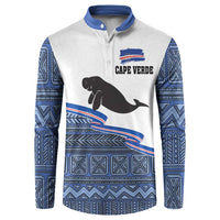 Men's button-front sweatshirt in white with blue aztec pattern, manatee and Cape Verde crest