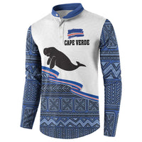 Men's button-front sweatshirt in white with blue patterns, manatee and Cape Verde crest