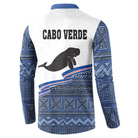 Men's button-front sweatshirt back view, Cabo Verde print with manatee graphic and blue stripes