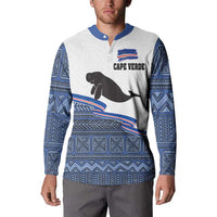Men's button-front sweatshirt, white with blue geometric print, manatee graphic and Cape Verde logo