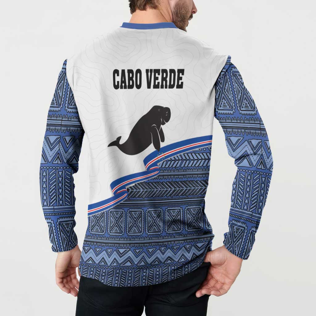 Men's button-front sweatshirt, white with Cabo Verde back print and blue manatee pattern