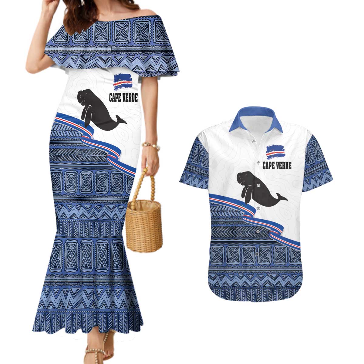 Cape Verde Manatee Couples Matching Mermaid Dress and Hawaiian Shirt Pattern With Flag Color - Wonder Print Shop