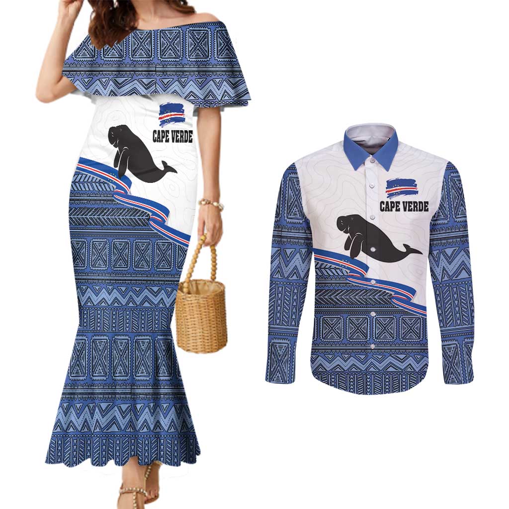 Cape Verde Manatee Couples Matching Mermaid Dress and Long Sleeve Button Shirt Pattern With Flag Color