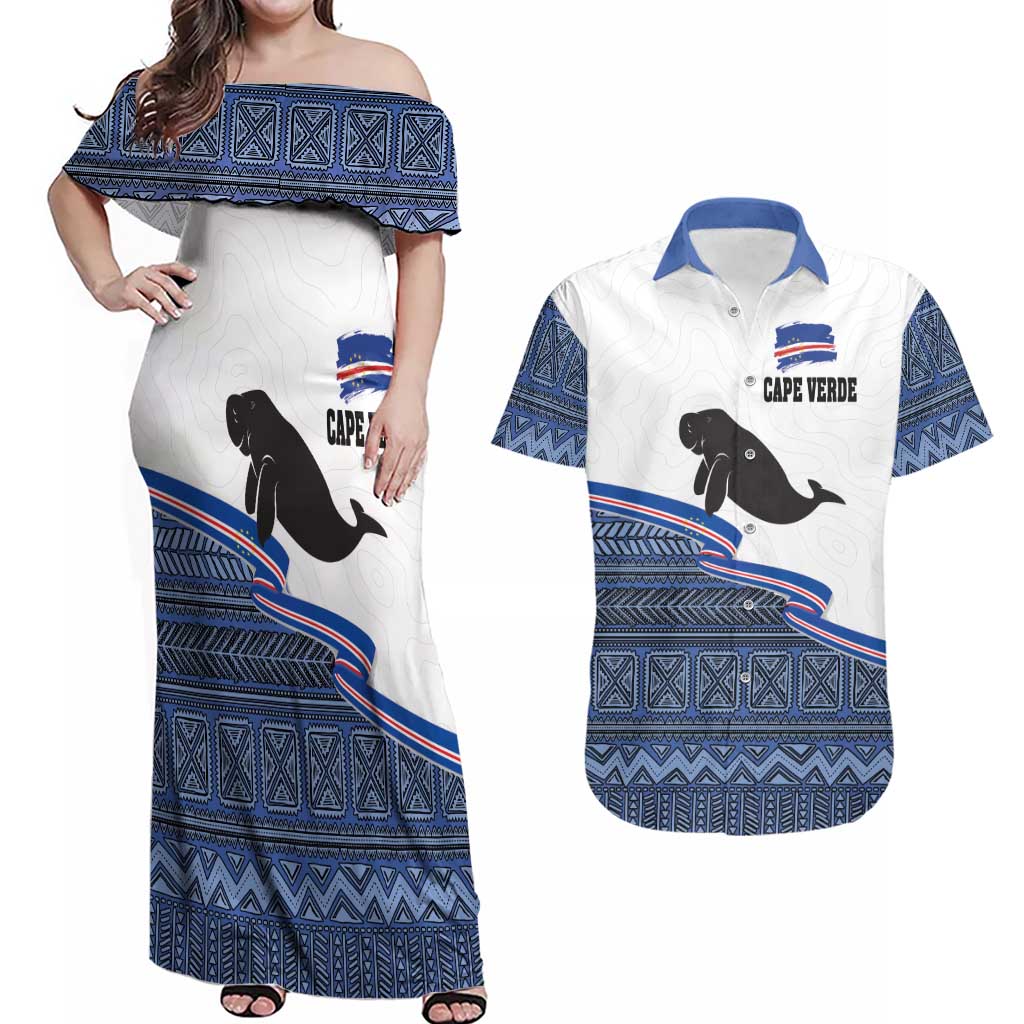 Cape Verde Manatee Couples Matching Off Shoulder Maxi Dress and Hawaiian Shirt Pattern With Flag Color - Wonder Print Shop