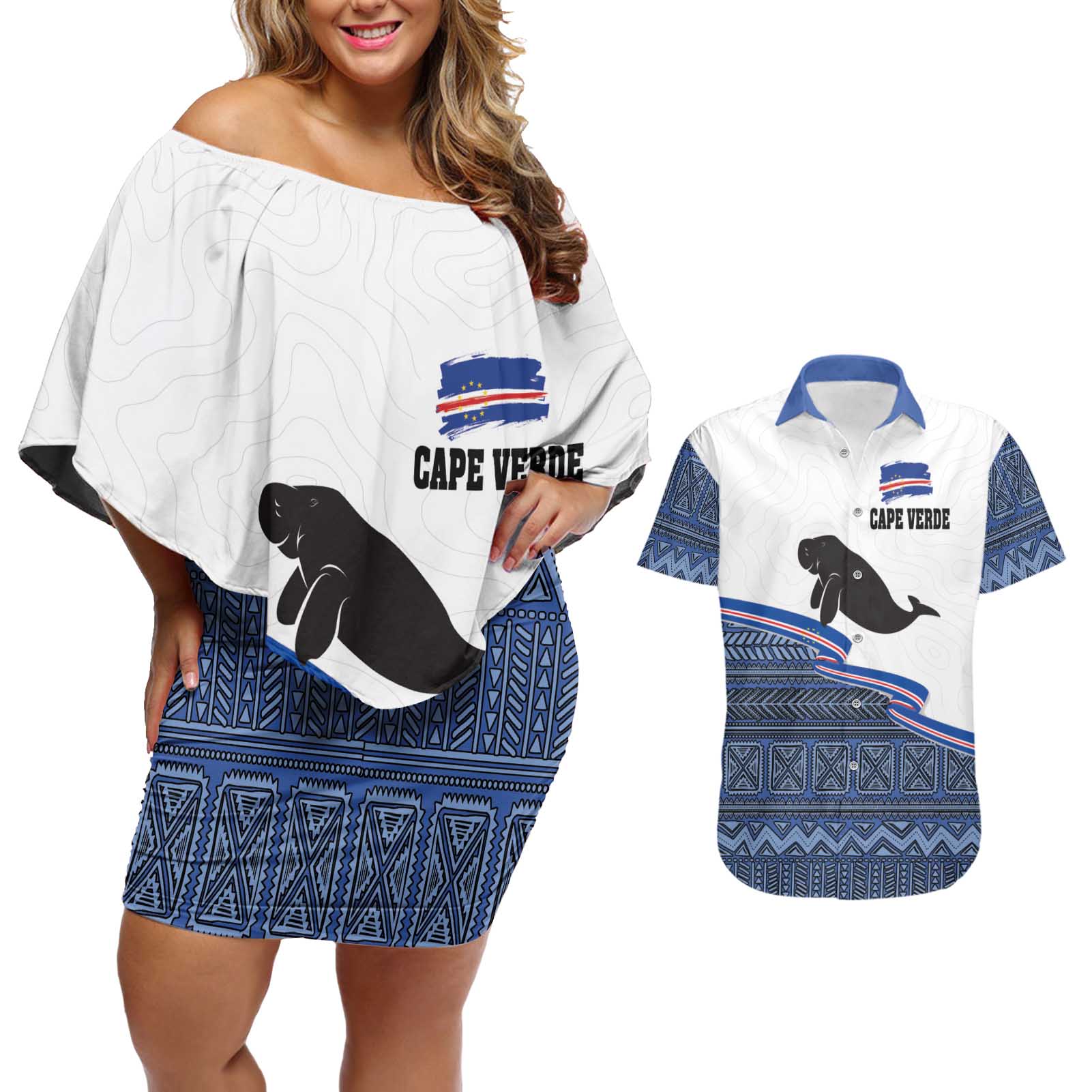 Cape Verde Manatee Couples Matching Off Shoulder Short Dress and Hawaiian Shirt Pattern With Flag Color - Wonder Print Shop