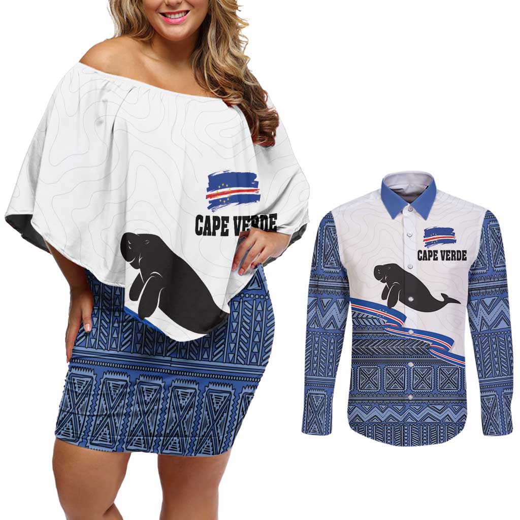 Cape Verde Manatee Couples Matching Off Shoulder Short Dress and Long Sleeve Button Shirt Pattern With Flag Color - Wonder Print Shop