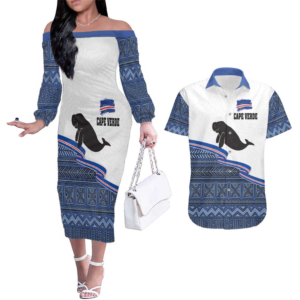 Cape Verde Manatee Couples Matching Off The Shoulder Long Sleeve Dress and Hawaiian Shirt Pattern With Flag Color - Wonder Print Shop