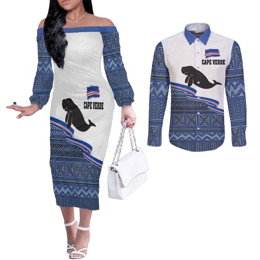 Cape Verde Manatee Couples Matching Off The Shoulder Long Sleeve Dress and Long Sleeve Button Shirt Pattern With Flag Color