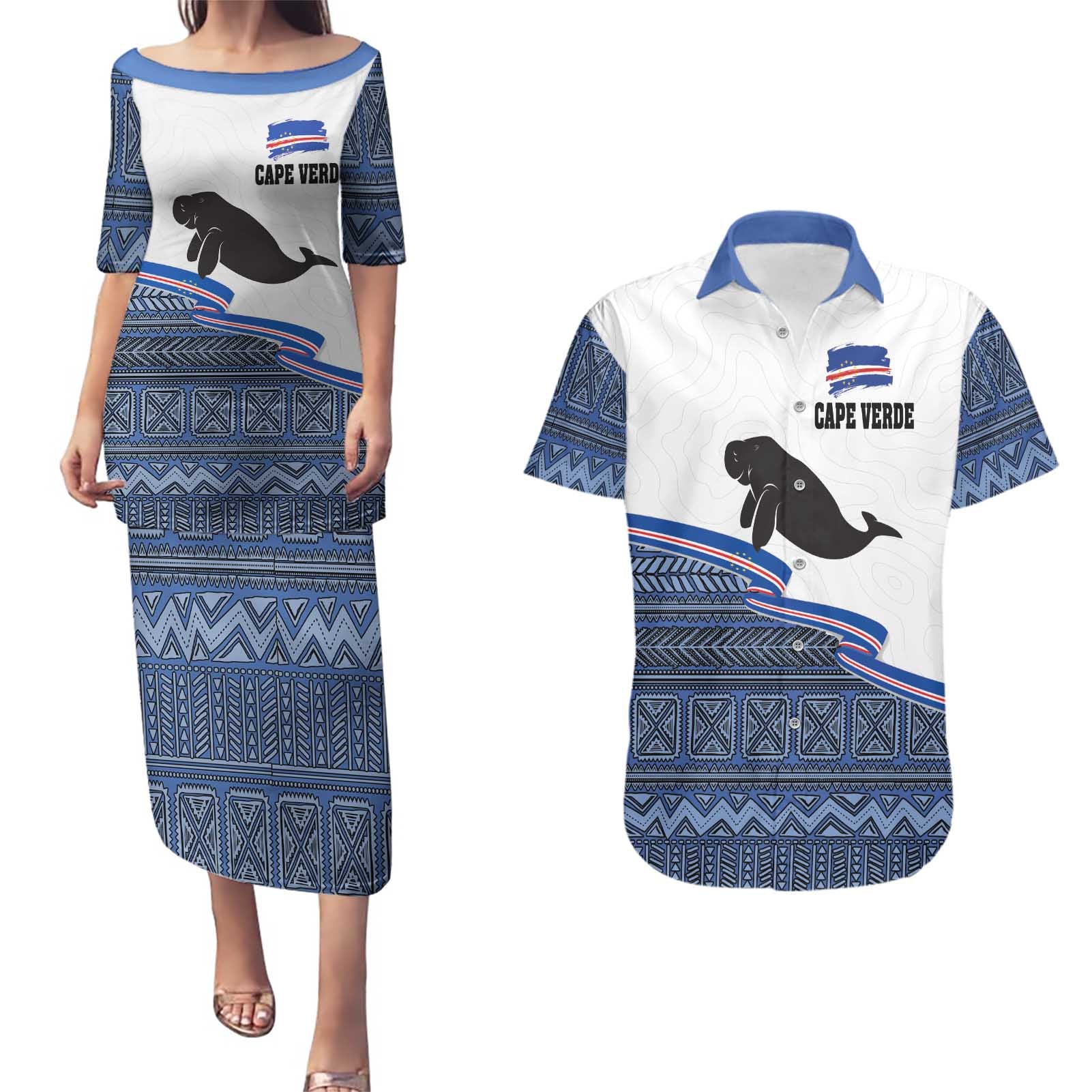 Cape Verde Manatee Couples Matching Puletasi and Hawaiian Shirt Pattern With Flag Color - Wonder Print Shop