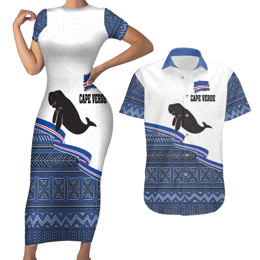 Cape Verde Manatee Couples Matching Short Sleeve Bodycon Dress and Hawaiian Shirt Pattern With Flag Color - Wonder Print Shop