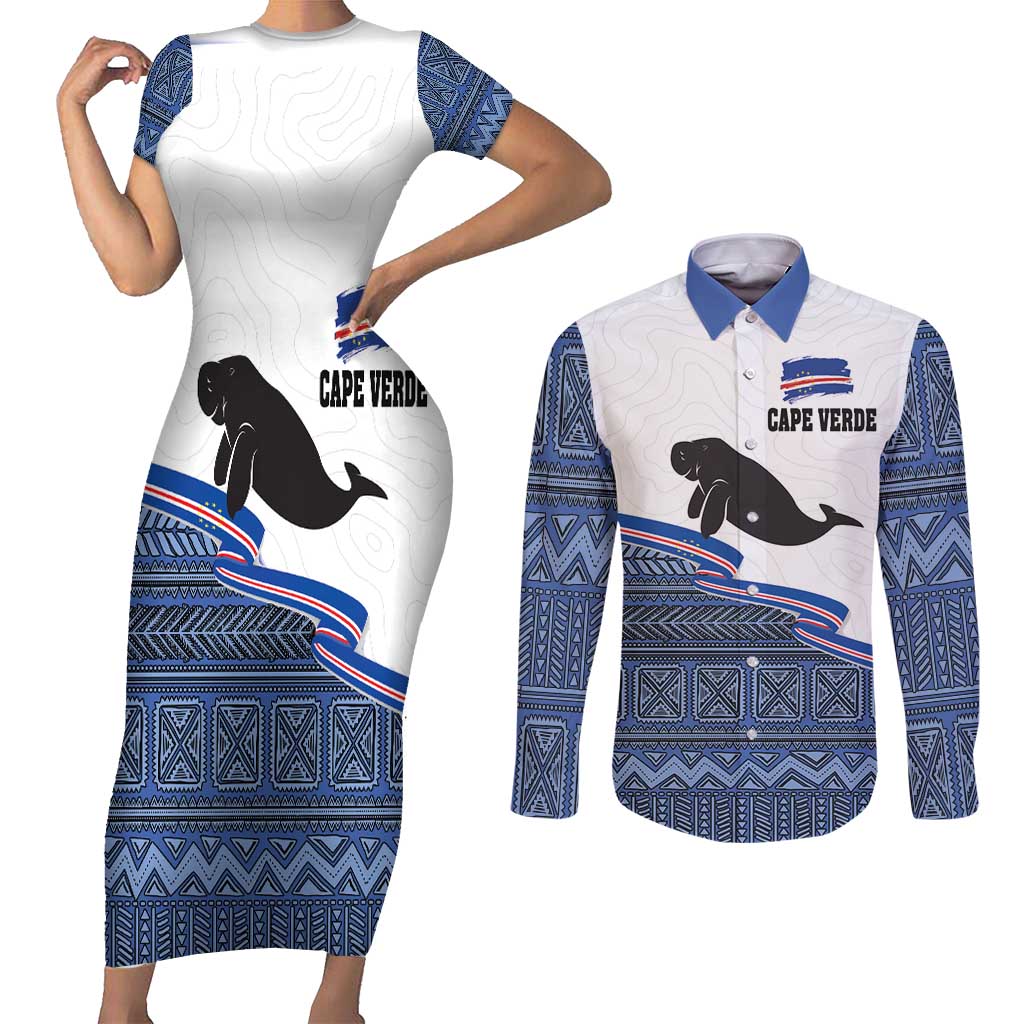 Cape Verde Manatee Couples Matching Short Sleeve Bodycon Dress and Long Sleeve Button Shirt Pattern With Flag Color - Wonder Print Shop