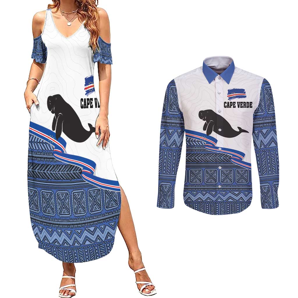 Cape Verde Manatee Couples Matching Summer Maxi Dress and Long Sleeve Button Shirt Pattern With Flag Color - Wonder Print Shop