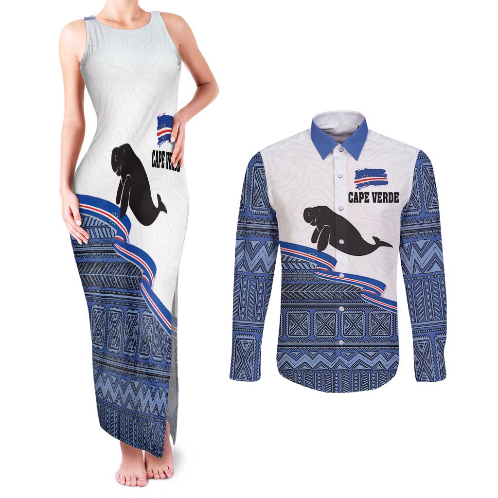 Cape Verde Manatee Couples Matching Tank Maxi Dress and Long Sleeve Button Shirt Pattern With Flag Color - Wonder Print Shop