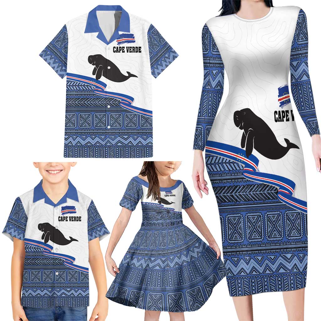 Cape Verde Manatee Family Matching Long Sleeve Bodycon Dress and Hawaiian Shirt Pattern With Flag Color - Wonder Print Shop