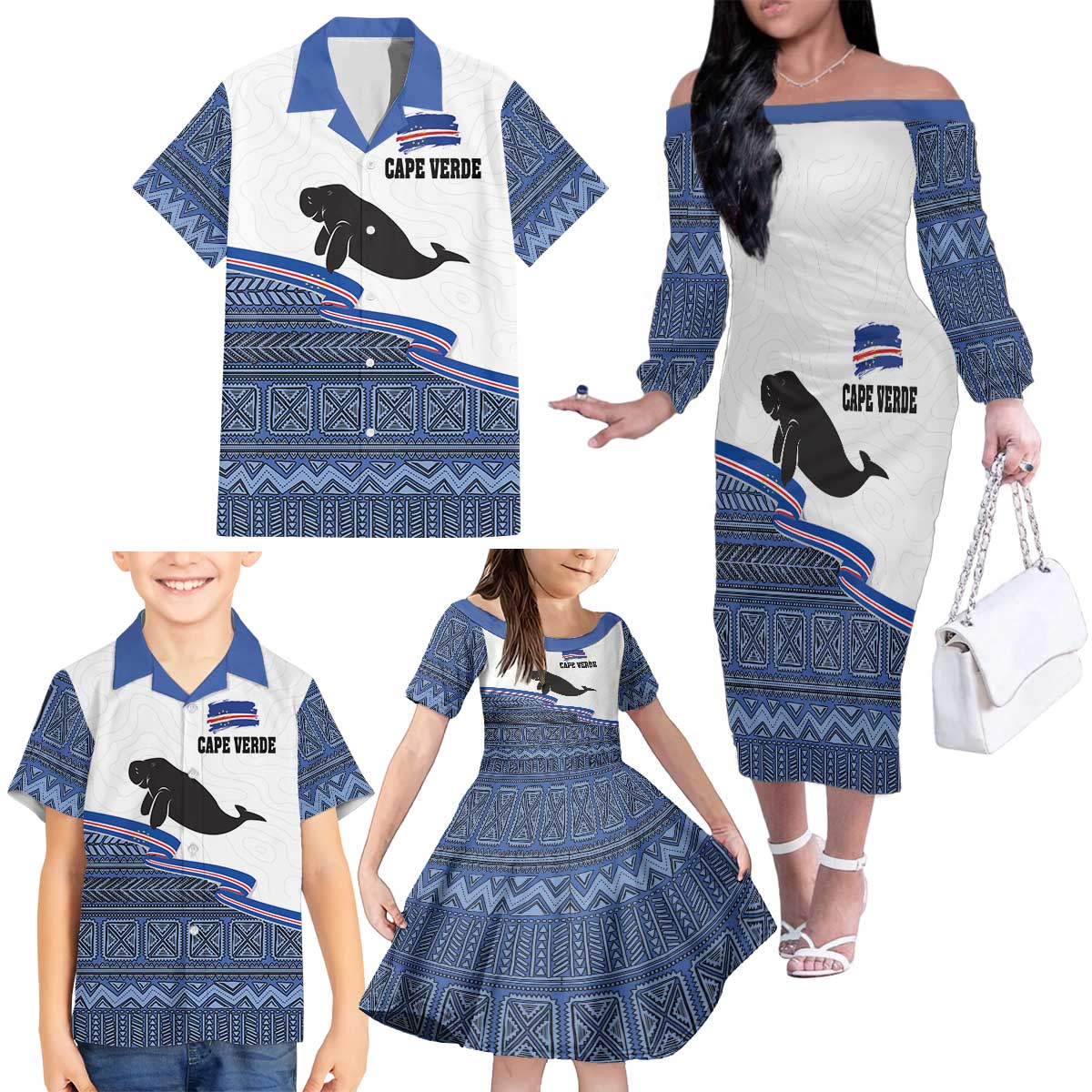 Cape Verde Manatee Family Matching Off The Shoulder Long Sleeve Dress and Hawaiian Shirt Pattern With Flag Color - Wonder Print Shop