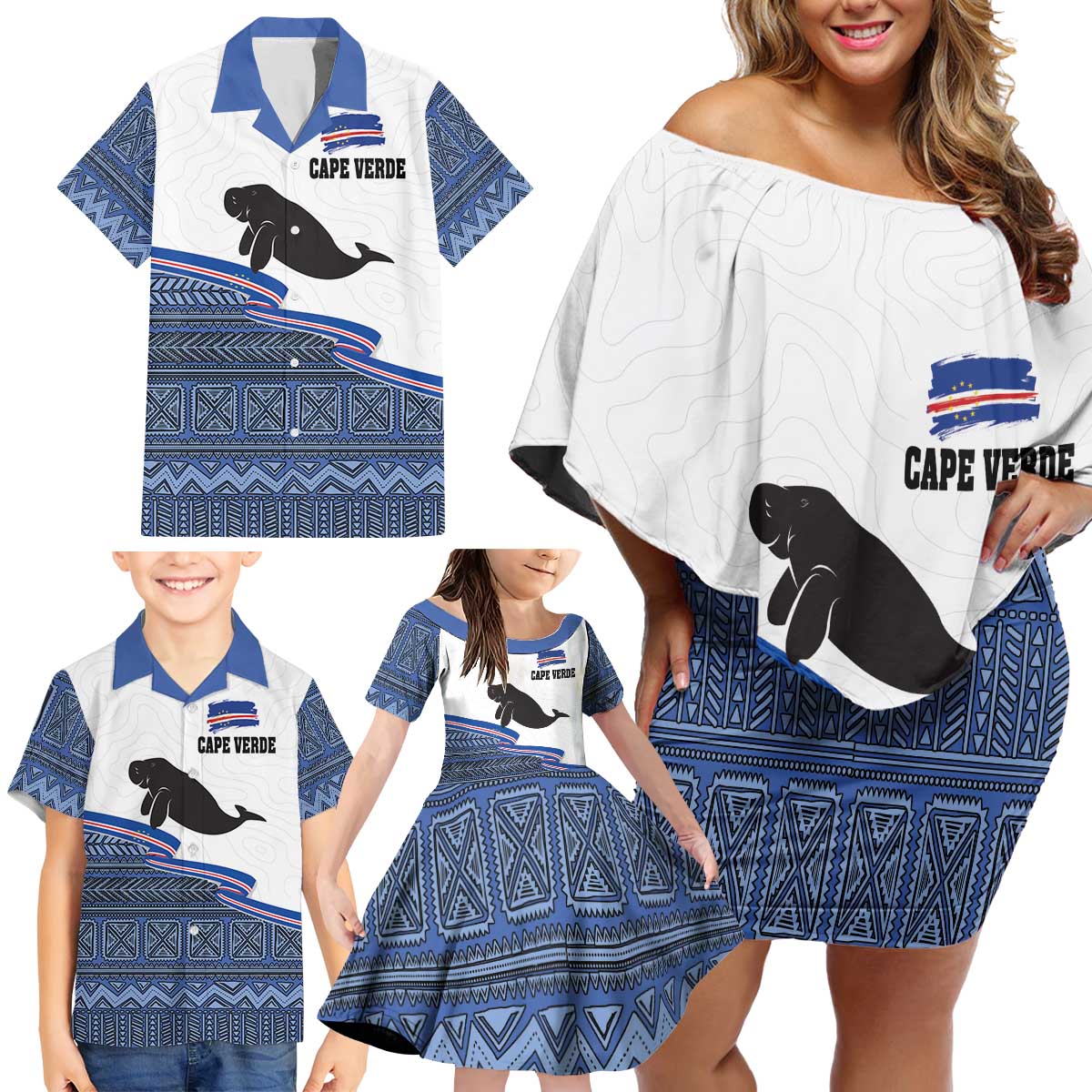 Cape Verde Manatee Family Matching Off Shoulder Short Dress and Hawaiian Shirt Pattern With Flag Color - Wonder Print Shop