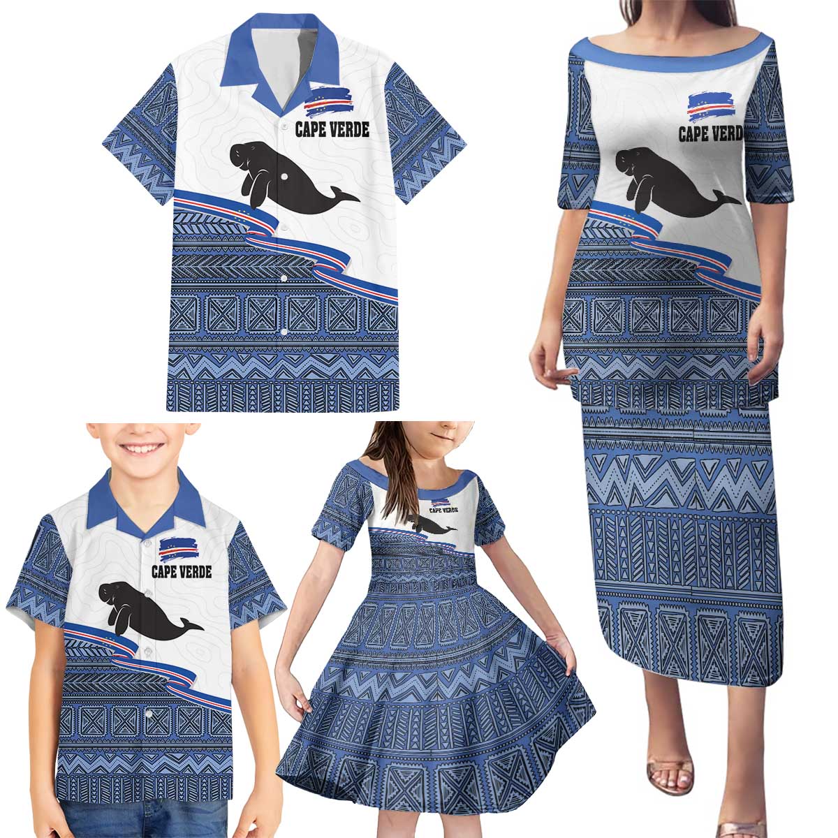 Cape Verde Manatee Family Matching Puletasi and Hawaiian Shirt Pattern With Flag Color - Wonder Print Shop