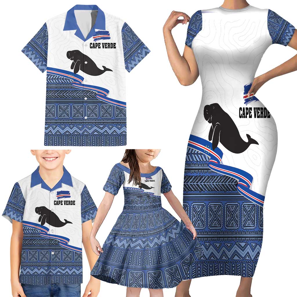 Cape Verde Manatee Family Matching Short Sleeve Bodycon Dress and Hawaiian Shirt Pattern With Flag Color - Wonder Print Shop