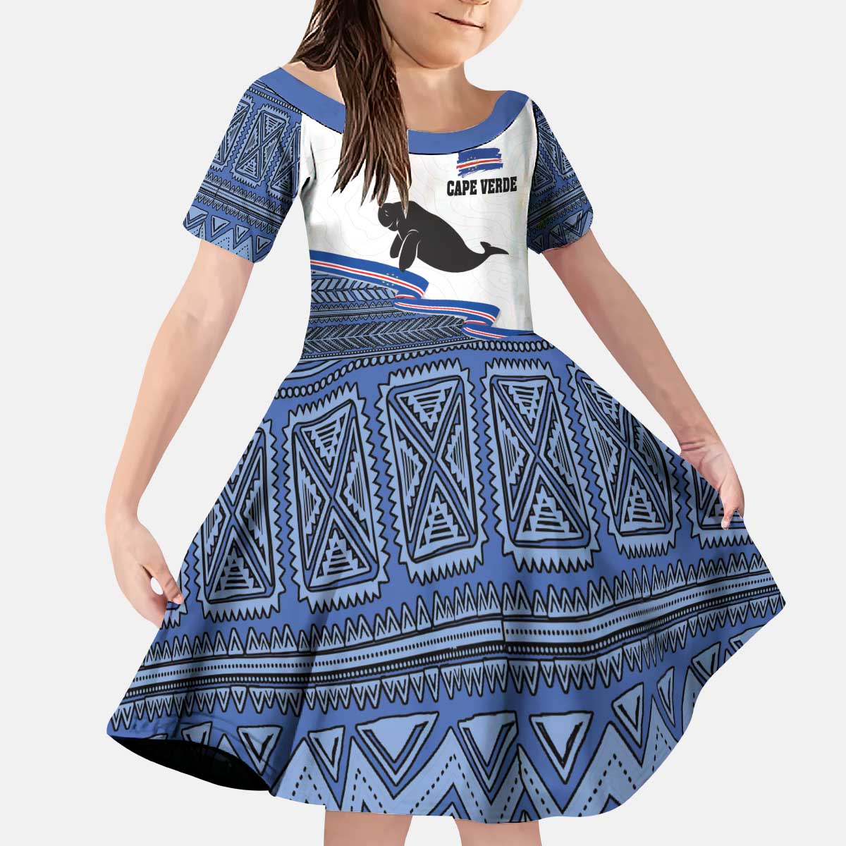 Cape Verde Manatee Kid Short Sleeve Dress Pattern With Flag Color - Wonder Print Shop