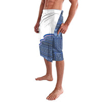 Men's patterned lavalava shorts, blue geometric print on white with elastic waistband