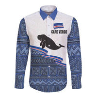 Blue/white long sleeve button shirt with manatee graphic, Cape Verde text, and patterns