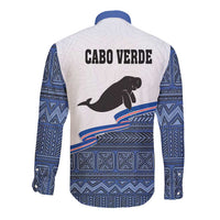 Blue/white long sleeve button shirt, back print with manatee, CABO VERDE, tribal border