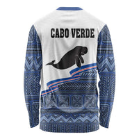 Unisex long-sleeve shirt, white with blue sleeve pattern and manatee back graphic, CABO VERDE