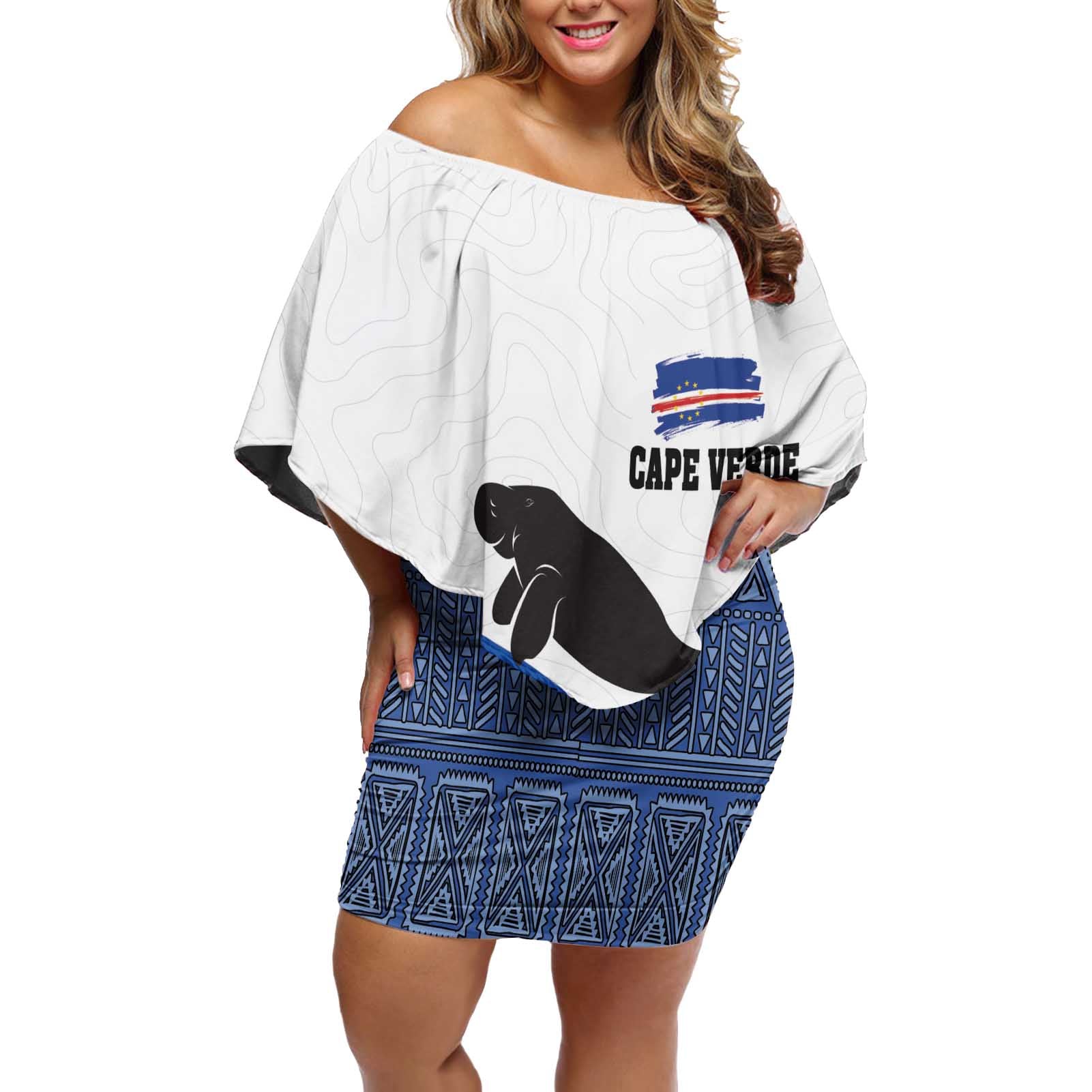 Cape Verde Manatee Off Shoulder Short Dress Pattern With Flag Color - Wonder Print Shop