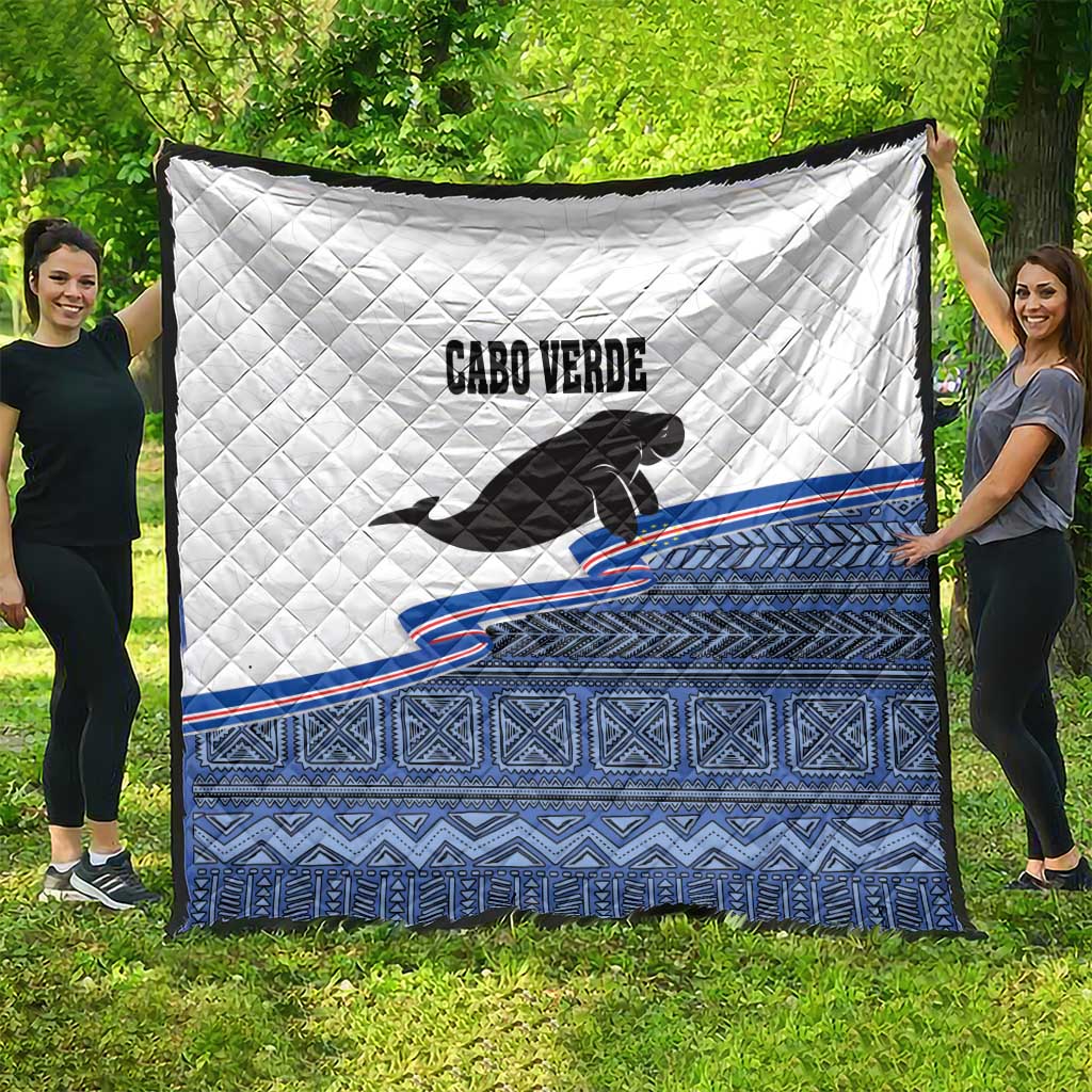Cape Verde manatee quilt, large wall-hanging style with blue patterned bottom edge