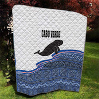Cape Verde manatee quilt, outdoor blanket with black manatee over white and blue border