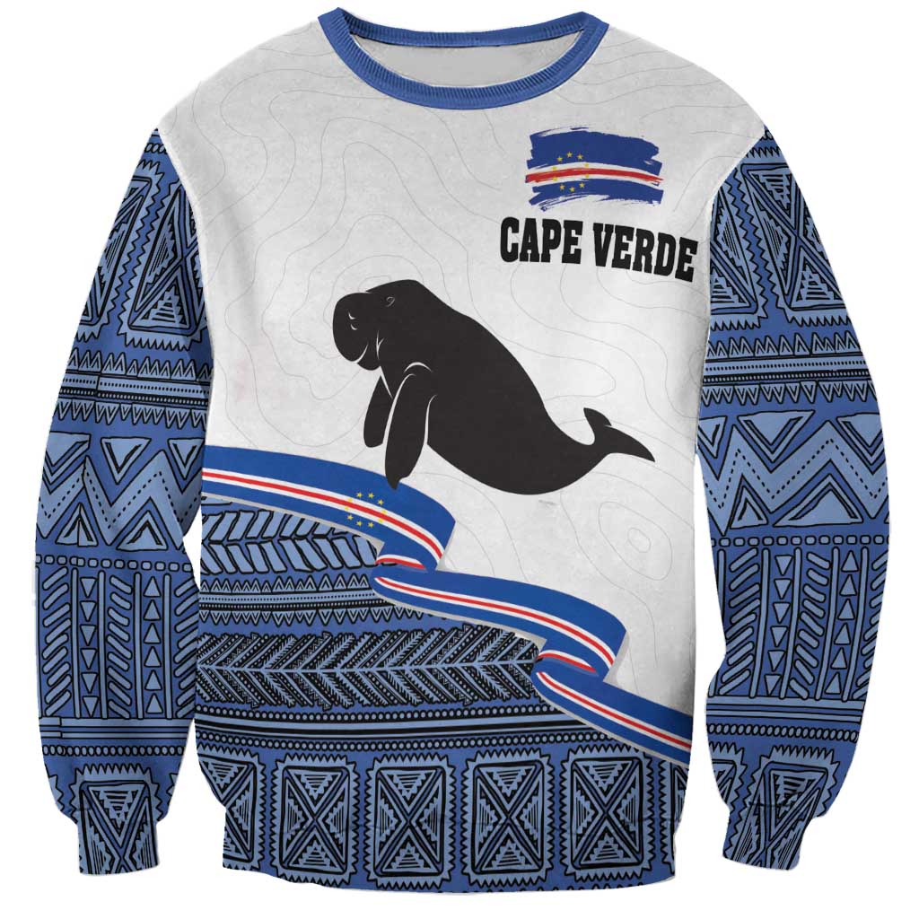Unisex gray sweatshirt, blue patterned sleeves, manatee graphic, 'CAPE VERDE' print