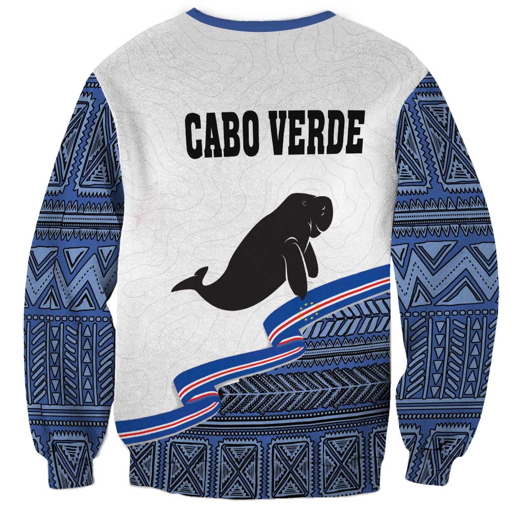 Unisex gray sweatshirt with blue patterned sleeves, manatee graphic, 'CABO VERDE' back print