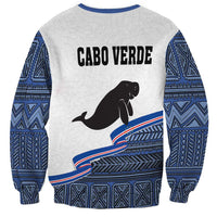 Unisex gray sweatshirt with blue patterned sleeves, manatee graphic, 'CABO VERDE' back print