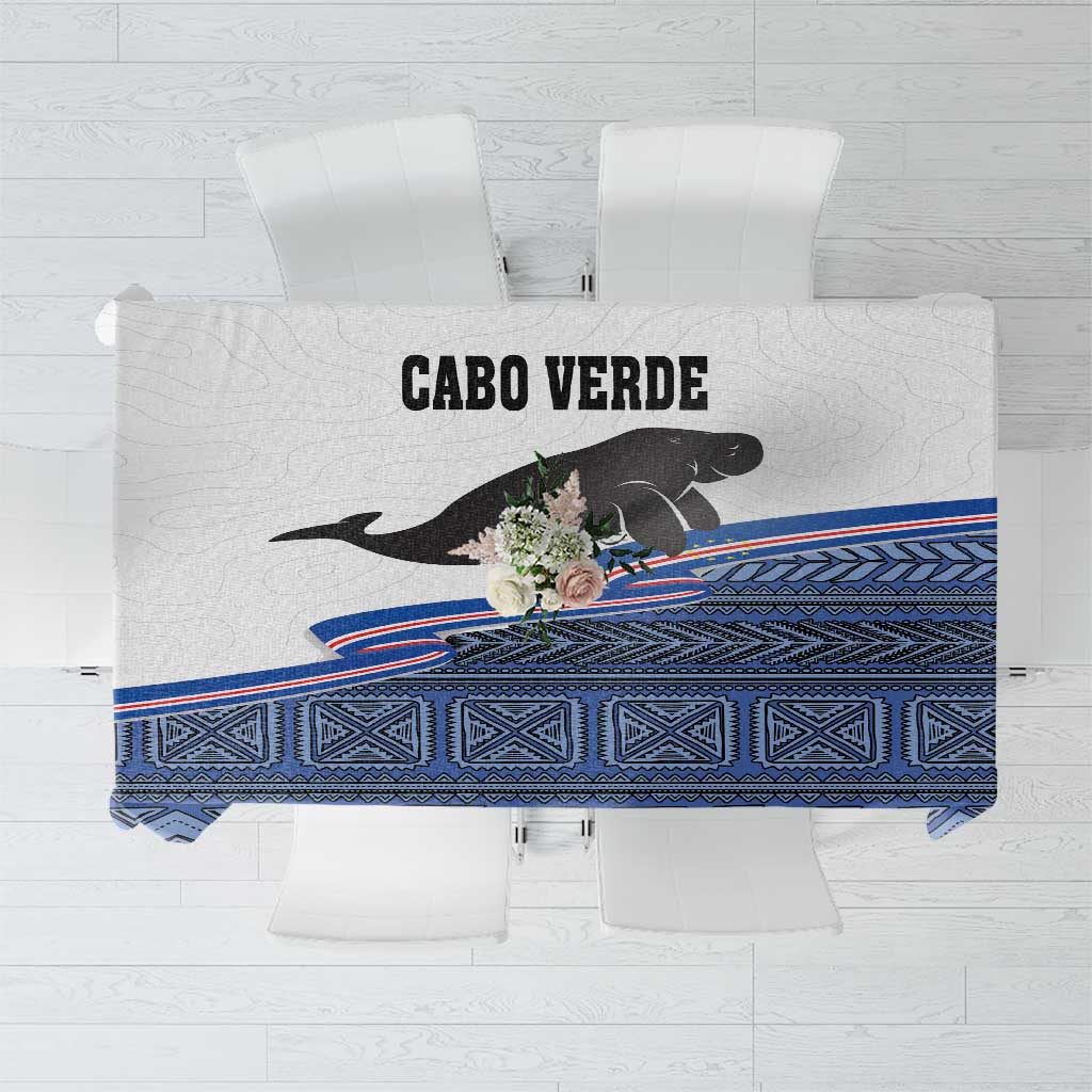 CABO VERDE manatee graphic tablecloth with blue geometric band and stripes