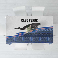 CABO VERDE manatee graphic tablecloth with blue geometric band and stripes