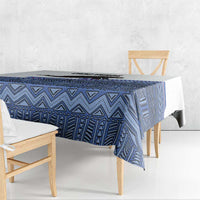 Blue geometric tablecloth with zigzag design and patterned border