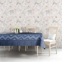 Blue geometric pattern tablecloth for tables, with dark zigzag motifs and border