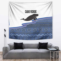 Cape Verde manatee tapestry, white with black silhouette, blue geometric border stripes