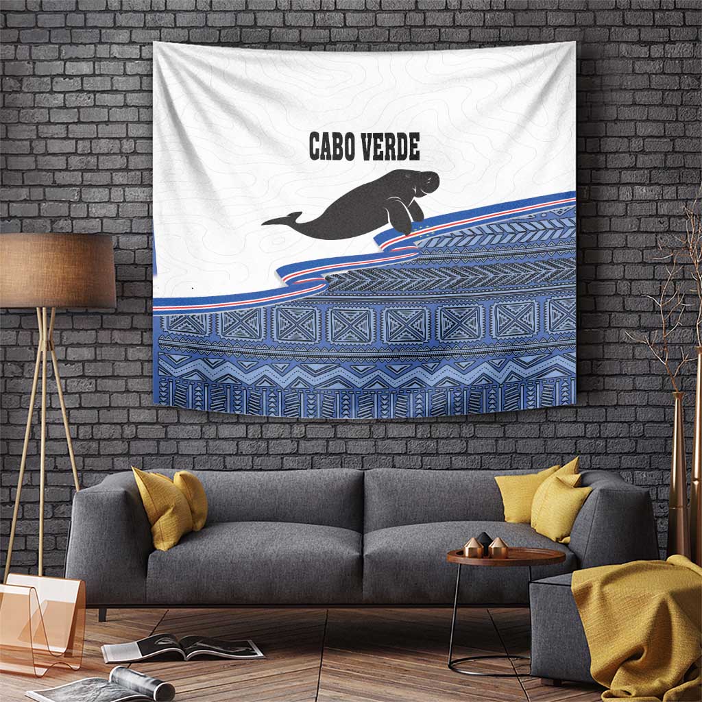Cape Verde manatee wall tapestry with blue geometric bands and black sea creature silhouette